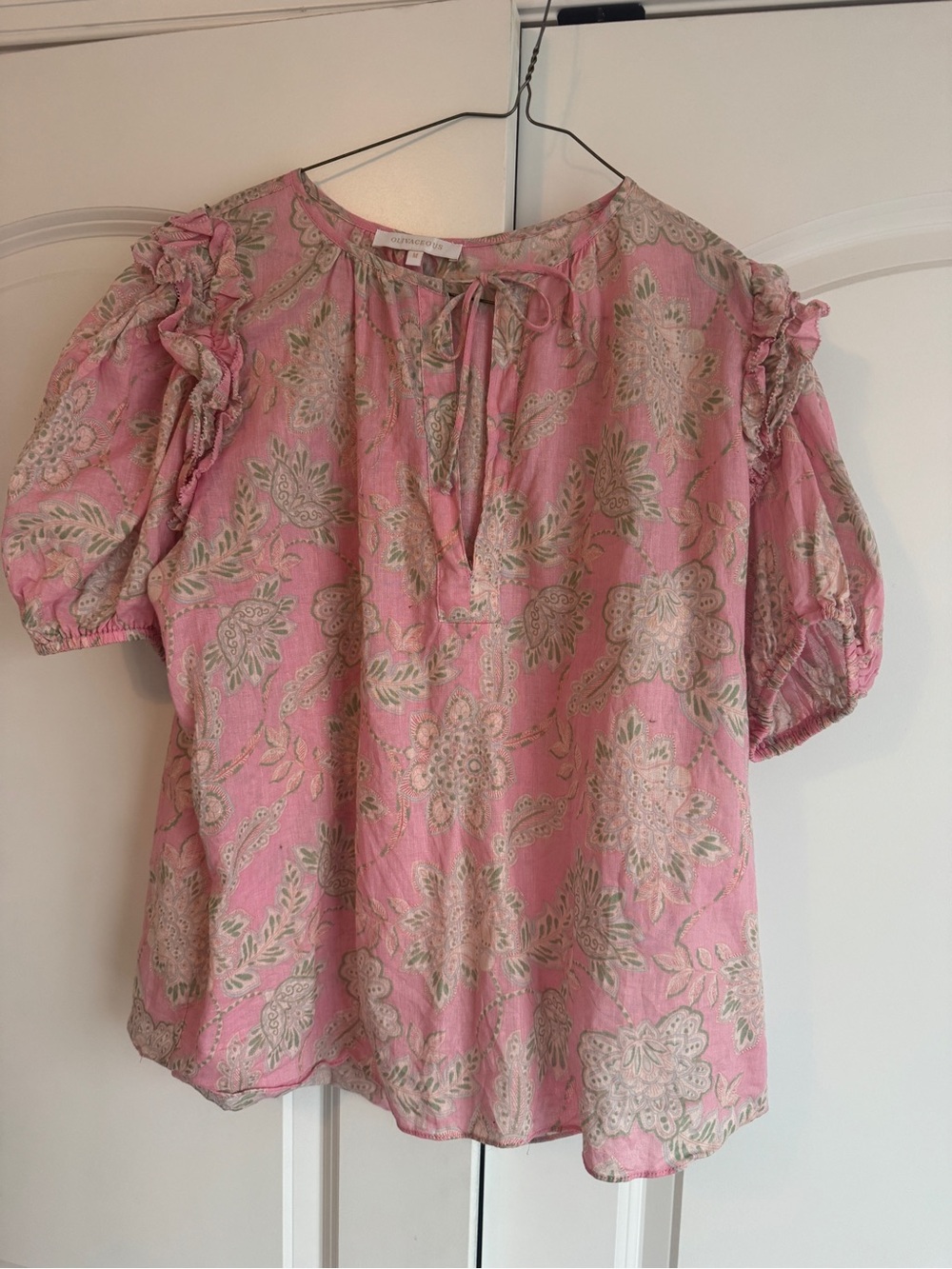 Olivaceous Women’s Pink Floral Tie-Neck Puff short sleeve Sleeve Top linen blend